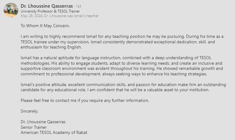 Comment from Dr. Lhoussine Qasserras