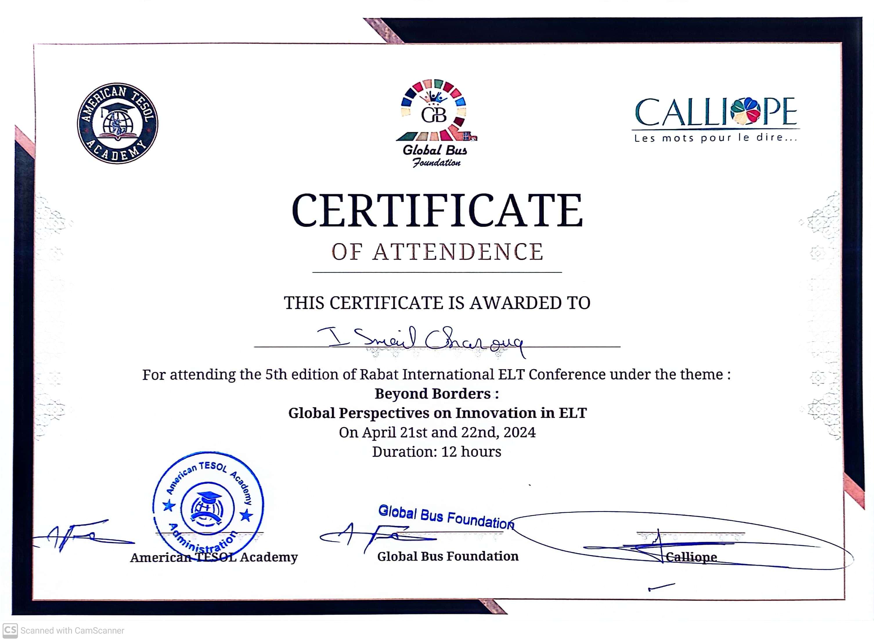 5th Rabat International ELT Conference Certificate